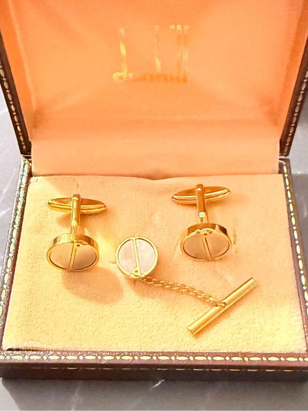 Dunhill Gold and silver tone Round Cufflinks with Tie Tack